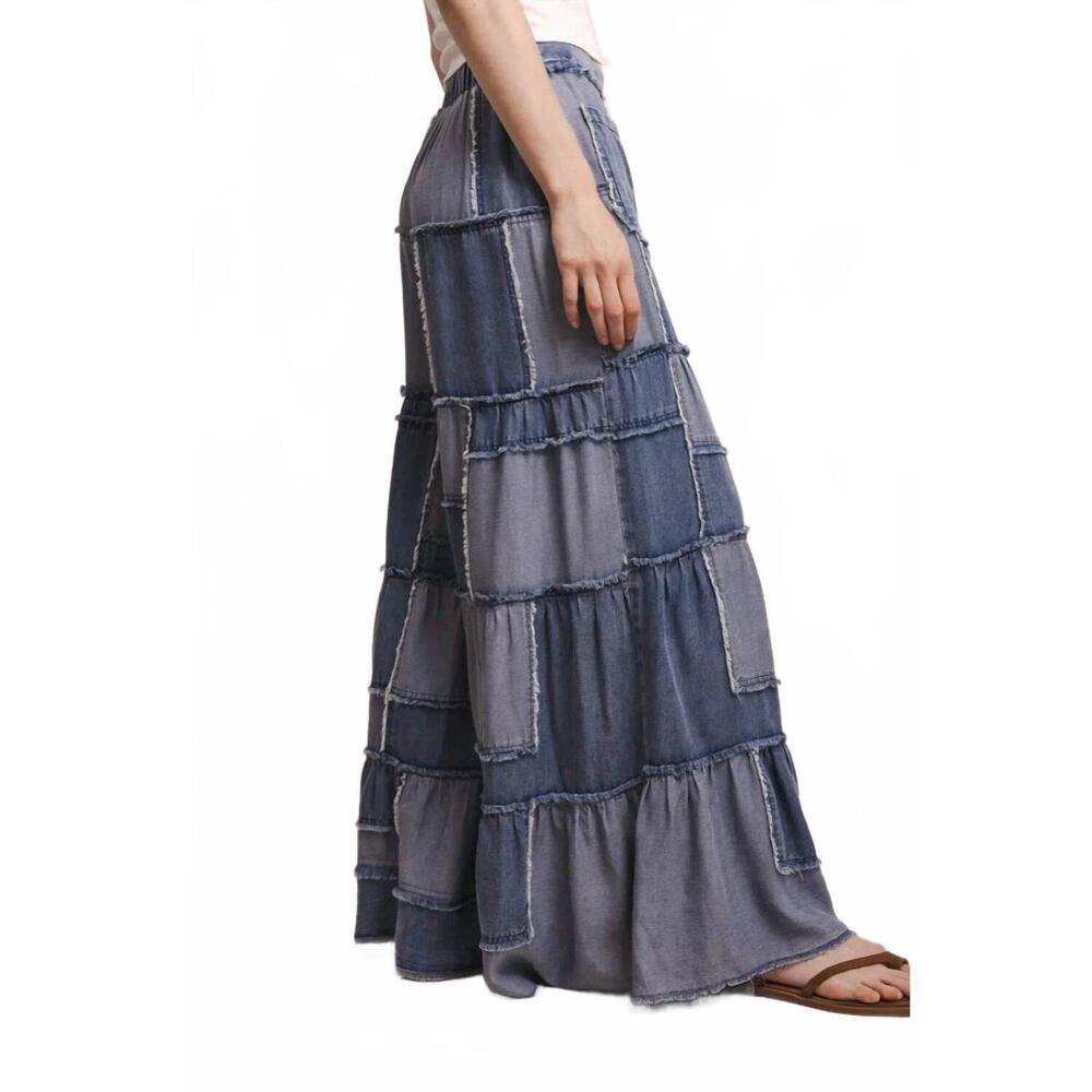 NEW BLUE VELVET wide leg patchwork chambray tiered pants in blue - Picture 2 of 6